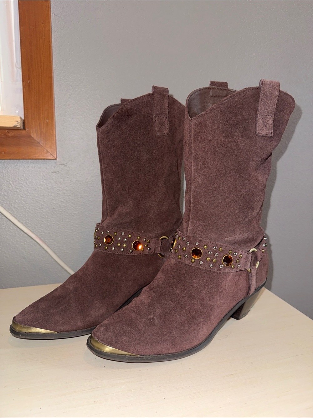 Diane Gilman Women's Suede Western Boots in Deep Brown with Amber Studs